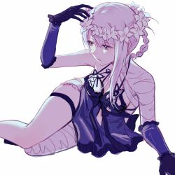 1girl bandaged_arm bandaged_leg bandages black_gloves braid breasts brown_eyes closed_mouth commentary_request flower gloves head_wreath highres ikooto111 kaine_(nier) lingerie medium_breasts nier nier_(series) short_hair simple_background sitting solo underwear white_background white_flower white_hair