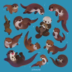 animal animal_focus artist_name black_eyes blue_background closed_mouth commentary english_commentary no_humans open_mouth original otter pawpads pikaole simple_background smile solid_circle_eyes swimming watermark