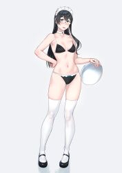 1girl alternate_costume arm_garter bare_shoulders bikini black_bikini black_hair blush breasts enmaided frilled_bikini frills full_body glasses hand_on_own_hip highres holding holding_tray kantai_collection looking_at_viewer maid maid_bikini maid_headdress navel ooyodo_(kancolle) simple_background solo standing stomach swimsuit thighhighs tray unconventional_maid white_background yuuji_(and)