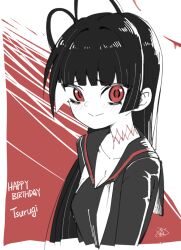 1girl :&gt; antenna_hair black_hair black_sailor_collar black_serafuku blue_archive breasts cleavage closed_mouth happy_birthday highres leng_wa_guo light_blush long_hair looking_at_viewer neckerchief red_eyes sailor_collar school_uniform serafuku solo tsurugi_(blue_archive) undone_neckerchief
