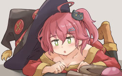 Rule 34 | 1girl, ahoge, alternate costume, bare shoulders, blush, boots, breasts, brown footwear, cat, chestnut mouth, chomusuke, cleavage, collarbone, cosplay, green eyes, hair between eyes, hair ornament, hairclip, hat, hololive, k-go, kono subarashii sekai ni shukufuku wo!, lying, megumin, megumin (cosplay), on stomach, one side up, open mouth, pink hair, sakura miko, staff, virtual youtuber, witch hat
