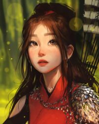 1girl aegyo_sal brown_eyes brown_hair dress earrings facing_viewer highres jewelry lens_flare mole mole_under_eye necklace open_mouth original red_dress sam_yang scales sidelocks solo sparkle updo upper_body