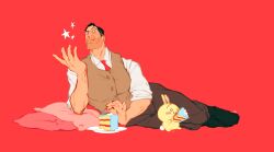 1boy absurdres black_hair boots cake chiikawa crossover eating facial_hair food food_in_mouth fork formal_clothes glasses grey_hair highres large_pectorals male_focus mature_male medic_(tf2) muscular muscular_male pectorals pillow red_medic_(tf2) short_hair stubble team_fortress_2 usagi_(chiikawa) vest virtuellesterne waistcoat