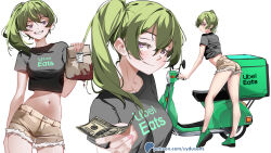 1girl bag black_shirt brown_shorts closed_mouth commentary cowboy_shot cropped_shirt english_commentary full_body green_footwear holding holding_bag holding_money looking_at_viewer midriff money motor_vehicle multiple_views nameplay navel patreon_username purple_eyes scooter shirt short_sleeves shorts simple_background smile sousou_no_frieren standing sydus ubel_(sousou_no_frieren) uber_eats white_background