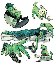 1boy beast_boy_(dc) bird colored_skin dc_comics dog gabriel_picolo gabriel_picolo_(artist) green_fur green_hair green_skin happy hug pet_food pointy_ears sleeping smile solo teen_titans white_background
