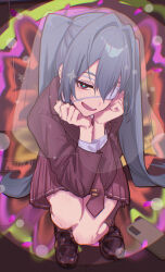 1girl aqua_hair black_footwear black_jacket black_necktie black_skirt cellphone eyepatch freckles grey_socks hair_between_eyes hair_intakes hands_on_own_chest hatsune_miku highres jacket long_hair looking_at_viewer maria_(syake-uni) medical_eyepatch monitoring_(vocaloid) necktie necktie_between_legs phone pleated_skirt psychedelic ringed_eyes skirt smartphone socks solo tie_clip twintails vocaloid