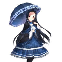 1girl black_dress black_hair black_umbrella blue_bow blue_dress blue_ribbon blue_skirt blush bow breasts brooch capelet clarice_lapis closed_mouth dress forehead frilled_capelet frilled_dress frilled_pillow frilled_skirt frills full_body gothic_lolita hairband hand_up head_tilt holding holding_umbrella jewelry lolita_fashion long_hair long_sleeves looking_at_viewer mole mole_under_eye oil-paper_umbrella pantyhose parasol parted_bangs petticoat pillow red_eyes red_umbrella ribbon salt_(salty) shirt simple_background skirt small_breasts smile solo standing uchi_no_hime-sama_ga_ichiban_kawaii umbrella very_long_hair white_background white_shirt
