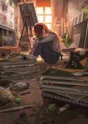 1girl apple apron arm_rest arms_on_knees backlighting book book_stack bottle bottle_cap box brown_hair canvas_(object) clenched_teeth commentary_request covered_eyes crossed_arms crumpled_paper curtains dirt dirty dirty_face drawing_(object) dusk easel flower flower_request folding_table food from_side fruit full_body glass_bottle green_apron grey_pants grey_shirt hair_over_eyes head_down highres indoors knees_up lemon long_hair long_sleeves on_floor open_book original paint_on_clothes paint_palette paint_tube paintbrush painting_(object) pants parted_lips pen profile purple_flower red_flower sad sakatsuki_yakumo shirt sitting sketchbook solo sticky_note sunlight table teeth trophy whiteboard window wine_bottle wooden_box