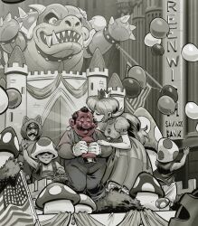 1girl 4boys absurdres american_flag angusburgers balloon basket blush bowser castle commentary costume crown dress english_commentary english_text facial_hair full-face_blush gloves hat height_difference highres holding holding_basket holding_unworn_clothes holding_unworn_hat kiss long_hair luigi macy&#039;s mario mario_(series) multiple_boys mushroom mustache nintendo parade_float princess_peach puffy_short_sleeves puffy_sleeves short_sleeves spot_color super_mushroom toad_(mario) unworn_hat unworn_headwear vest white_gloves