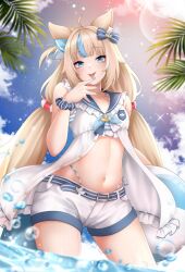 Rule 34 | 1girl, animal ears, bikini, bikini under clothes, blonde hair, blue bikini, blue bow, blue eyes, blue hair, blue nails, blue sky, bow, breasts, cat ears, closed mouth, dress, fins, fish girl, fish tail, hair bow, highleg, highleg bikini, highres, indie virtual youtuber, lifebuoy hair ornament, long hair, looking at viewer, low twintails, multicolored hair, nail polish, navel, palm leaf, popcornflakes, sameko saba, short shorts, shorts, sky, sleeveless, sleeveless dress, small breasts, smile, solo, swimsuit, tail, tongue, tongue out, twintails, two-tone hair, very long hair, virtual youtuber, wading, water, white dress, white shorts