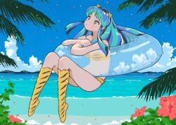 1girl animal_print bare_shoulders bikini blue_hair blue_sky blush boots bush cloud commentary_request confetti crossed_arms day floating floating_hair flower full_body green_hair hibiscus highres horizon horns knee_boots knees_up looking_up lum mashiro_ka multicolored_hair ocean orange_eyes outdoors palm_tree print_bikini print_boots red_flower sidelocks sky solo strapless strapless_bikini summer swim_ring swimsuit tiger_print tree urusei_yatsura waves wide-eyed