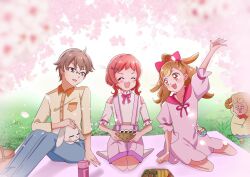 Rule 34 | 1boy, 2girls, ^ ^, animal, animal on lap, arm up, bag bow, bare arms, bare legs, bare shoulders, basket, bento, blonde hair, blue pants, bow, bowtie, breast pocket, brown eyes, brown hair, buttons, cherry blossoms, closed eyes, clothing cutout, collared shirt, daifuku (precure), day, denim, dot nose, dress, eyelashes, falling petals, feet out of frame, flower, food, frilled sleeves, frills, full body, glasses, hair bow, hair ornament, hairclip, hand on ground, happy, heart, heart hair ornament, high collar, high ponytail, highres, holding, holding basket, hood, hood down, hooded dress, inukai iroha, inukai komugi, jeans, kneeling, knees up, light blush, long hair, long sleeves, looking at another, loose hair strand, medium hair, mehmeh (wonderful precure!), midriff, multicolored bow, multicolored hair, multiple girls, neck ribbon, on lap, onigiri, open mouth, orange hair, outdoors, pants, petals, petting, picnic, picnic basket, picnic blanket, pink bow, pink bowtie, pink dress, pink flower, pink ribbon, pink shorts, pocket, ponytail, precure, puchitto, puffy short sleeves, puffy sleeves, rabbit, red-framed eyewear, ribbon, sheep, shirt, short dress, short hair, short hair with long locks, short sleeves, shorts, shoulder cutout, sidelocks, sitting, sleeping, smile, socks, spring (season), streaked hair, suspender shorts, suspenders, talking, tareme, thermos, three-quarter sleeves, toyama satoru, tree, two-tone hair, waist bag, white bag, white shirt, white socks, wonderful precure!