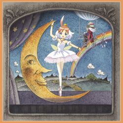 1boy 1girl :d ahiru_(princess_tutu) ahoge album_cover arm_up armpits ballet bare_legs bare_shoulders bead_bracelet beads blue_eyes bob_cut border bracelet breasts cover crescent crown curtains day detached_sleeves dot_nose dress drosselmeyer_(princess_tutu) en_pointe happy highres hill jewelry looking_at_viewer low_wings mini_crown multicolored_hair necklace official_art old old_man on_crescent open_mouth orange_border orange_hair ornate_border outstretched_arm pendant pink_shoes princess_tutu princess_tutu_(character) puffy_detached_sleeves puffy_sleeves rainbow rounded_corners see-through_dress_layer shoes small_breasts smile solo_focus third-party_source tiptoes tutu two-tone_hair white_dress white_hair wings yellow_wings