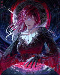 Rule 34 | 1girl, black dress, breasts, cleavage, dress, flowersbloodart, gloves, gradient hair, heterochromia, highres, long sleeves, looking at viewer, multicolored hair, partially fingerless gloves, path to nowhere, shalom (path to nowhere), solo, upper body
