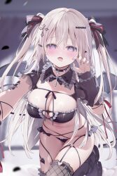 1girl ame_usari black_bow black_bra black_choker black_panties black_thighhighs blush bow bra breasts choker cleavage commentary_request cross detached_sleeves frills hair_between_eyes hair_bow hair_ornament highres large_breasts long_hair looking_at_viewer navel open_mouth original panties purple_eyes ribbon solo stomach strap thighhighs underwear very_long_hair white_hair