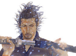 beard brown_eyes brown_hair color_halftone facial_hair holding inoue_takehiko katana long_hair male_focus miyamoto_musashi mustache ponytail sabre sheath simple_background snow snowing sword unsheathed vagabond weapon