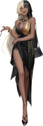 1girl bag black_dress black_hair blonde_hair breasts dress handbag high_heels highres non-web_source non_anonymous_instruction