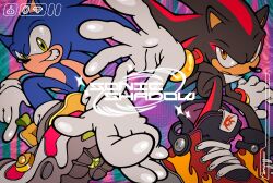 2boys alternate_footwear animal_ears animal_nose black_arms_insignia black_fur blue_fur body_fur bracelet character_name chest_fur flame_print frown full_body furry furry_male gloves gold_bracelet green_eyes grin hedgehog_boy highres jewelry looking_at_viewer male_focus multiple_boys outstretched_arm outstretched_hand pajaronaa print_shoes reaching reaching_towards_viewer red_eyes red_fur red_shoes shadow_the_hedgehog shoes short_tail smile sneakers sonic_(series) sonic_adventure_2 sonic_the_hedgehog standing tail two-tone_fur white_gloves