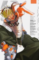 1boy absurdres alternate_costume baggy_pants blonde_hair bracelet chainsaw_man denji_(chainsaw_man) femmerquq headphones highres jewelry male_focus necklace orange_eyes pants ring sharp_teeth shirt simple_background solo teeth tongue tongue_out torn_clothes torn_shirt v white_background