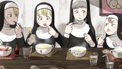 4girls animal animal_on_shoulder bendy_straw bird black_eyes blonde_hair blue_eyes bottle bowl bread brown_eyes brown_hair burnt chestnut_mouth chili_pepper chocolate_chip_cookie clumsy_nun_(diva) commentary cookie cup diva_(hyxpk) drinking_glass drinking_straw duck eating english_commentary finger_to_tongue food food_on_face framed framed_image frog froggy_nun_(diva) habit highres holding holding_spoon hot hot_sauce index_finger_raised indoors little_nuns_(diva) lower_teeth_only multiple_girls nun open_mouth original picture_frame placemat pointing pointing_at_self sheep_nun_(diva) slice_of_life soup spicy_nun_(diva) spoon steam sweatdrop table teeth tongue tongue_out traditional_nun tray utensil_in_mouth wall water wooden_table yellow_eyes