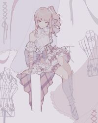 1other akiyama_mizuki anklet arm_ribbon bloomers bow closed_mouth collar colored_eyelashes curtains detached_collar detached_sleeves dress frilled_anklet frilled_collar frilled_dress frills full_body highres jewelry leg_ribbon long_hair looking_at_viewer mannequin muted_color oogypng other_focus pink_background pink_hair pink_ribbon project_sekai puffy_short_sleeves puffy_sleeves ribbon shoes short_sleeves side_ponytail sidelocks sitting smile solo striped_bow underwear wavy_hair