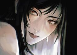 1girl annikin bare_shoulders black_hair close-up closed_mouth earrings final_fantasy final_fantasy_vii glint hashtag-only_commentary jewelry lips long_hair looking_to_the_side portrait red_eyes red_lips single_earring single_sidelock solo swept_bangs teardrop_earrings tifa_lockhart upper_body