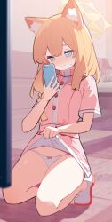 1girl alternate_costume animal_ears blue_archive blue_eyes blurry blush bow bow_panties braid bush cat_ears cellphone center-flap_bangs clothes_lift depth_of_field dot_nose dress full-face_blush full_body furrowed_brow hair_between_eyes hair_over_shoulder halo highres holding holding_phone house kneeling lifting_own_clothes light_blush long_hair looking_at_phone mari_(blue_archive) on_floor orange_hair orange_halo outdoors panties pekeko_(pepekekeko) petite phone pink_bow pink_dress road shoes sidelocks single_braid skirt skirt_lift smartphone solo sunlight sweatdrop turtleneck turtleneck_dress underwear white_panties white_shoes