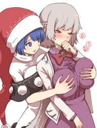 2girls blue_eyes blue_hair blush braid breasts cowboy_shot doremy_sweet french_braid grabbing_another&#039;s_breast grabbing_from_behind groping hand_to_own_mouth hat kishin_sagume large_breasts multiple_girls nightcap pom_pom_(clothes) red_eyes red_hat short_hair silver_hair simple_background smile standing touhou urin white_background yuri