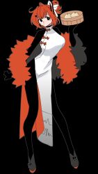 1girl a.i._voice adachi_rei alternate_breast_size alternate_costume alternate_hairstyle arm_at_side bamboo_steamer black_bodysuit black_eyes black_shoes bodysuit breasts china_dress chinese_clothes closed_mouth dress feather_boa food hair_bun hand_up highres holding holding_bamboo_steamer large_breasts leaning_forward looking_at_viewer onion_jounouchi orange_pupils pelvic_curtain radio_antenna shoes short_hair side_slit simple_background single_side_bun sleeveless sleeveless_dress solo standing steamed_bun utau white_dress