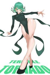 1girl absurdres black_dress black_shoes breasts curly_hair dress full_body green_eyes grey_hair high_heels highleg highleg_dress highres legs long_sleeves looking_at_viewer medium_breasts one-punch_man shiny_skin shoes short_hair simple_background solo standing tatsumaki toomy_woomy white_background