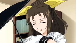 Rule 34 | 00s, 1girl, 2008, animated, animated gif, aunt, bra, breasts, brown hair, hair ribbon, high ponytail, housewife, large breasts, lingerie, long hair, long sleeves, mature female, ponytail, ribbon, saiminjutsu 2, standing, tagme, takase shino, underwear, undressing, unworn clothes, yellow hair ribbon, yellow ribbon