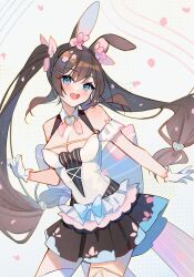 1girl animal_ears back_bow bare_shoulders black_shirt black_skirt blue_bow blue_brooch blue_eyes bow bowtie breasts brooch brown_hair cherry_blossoms cleavage collar commentary cowboy_shot detached_collar detached_sleeves dot_nose english_commentary eyelashes falling_petals floating_hair floppy_ears flower frilled_gloves frilled_sleeves frills gloves gold_thighlet grey_background hair_between_eyes hair_bow hair_flower hair_ornament hairclip halftone halftone_background happy heart heart_brooch heart_hair_ornament highres hyanna-natsu jewelry large_bow large_breasts layered_shirt light_blush light_particles long_hair looking_at_viewer low-tied_long_hair miniskirt open_mouth original outline petals pink_bow pink_bowtie pink_flower pleated_skirt rabbit_ears shirt short_sleeves sidelocks single_thighhigh skirt smile solo standing strapless strapless_shirt striped_bow striped_clothes striped_shirt teeth thighhighs twintails upper_teeth_only vertical-striped_clothes vertical-striped_shirt very_long_hair waist_bow white_collar white_gloves white_shirt white_sleeves white_thighhighs yellow_outline