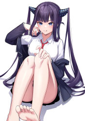 1girl absurdres barefoot black_skirt blue_eyes blue_jacket blush breasts collared_shirt fate/grand_order fate_(series) hair_ornament highres jacket large_breasts long_hair long_sleeves looking_at_viewer natu_zame necktie off_shoulder purple_hair shirt sidelocks sitting skirt smile solo tongue tongue_out twintails very_long_hair white_shirt yang_guifei_(fate) yang_guifei_(second_ascension)_(fate)