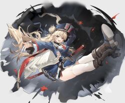1girl :d blonde_hair blue_coat blue_hat boots brown_boots coat full_body garter_straps hair_between_eyes hair_bun hat highres hy_(hem_oo) katana looking_at_viewer military_coat open_mouth original outstretched_arm peaked_cap red_eyes smile solo sword thighhighs weapon white_garter_straps white_thighhighs