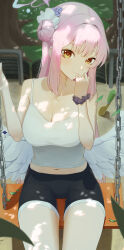 1girl absurdres alternate_costume angel_wings black_shorts blue_archive breasts camisole casual cleavage feathered_wings hair_bun halo highres long_hair looking_at_viewer low_wings mika_(blue_archive) navel on_swing pink_hair pink_halo poppo_myupunk98 scrunchie shorts single_side_bun sitting solo swing white_camisole white_wings wings wrist_scrunchie