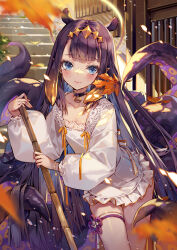 1girl alternate_costume apron autumn_leaves black_choker blue_eyes blush bracelet broom center-flap_bangs choker closed_mouth collarbone commentary dress headpiece hieihirai highres hololive hololive_english jewelry kappougi lace lace-trimmed_dress lace_trim leaf long_hair long_sleeves looking_at_viewer maple_leaf ninomae_ina&#039;nis pendant pendant_choker pointy_ears puffy_long_sleeves puffy_sleeves purple_hair single_thighhigh smile solo stairs tentacle_hair tentacles thighhighs virtual_youtuber white_dress white_thighhighs