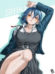 1girl absurdres blue_hair blue_jacket breasts brown_eyes character_name commentary dress endo_yohane grey_dress highres jacket knee_up large_breasts looking_at_viewer love_live! love_live!_superstar!! lying medium_hair neck_ribbon on_back open_mouth red_ribbon ribbon school_uniform shirt signature unbuttoned unbuttoned_shirt untied_ribbon wakana_shiki white_background white_shirt yuigaoka_school_uniform