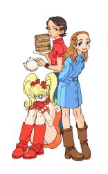 3girls arms_behind_back bags_under_eyes blonde_hair blue_eyes brown_eyes brown_hair chinese_clothes effie_(street_fighter) game_cg hair_ornament hairclip highres holding holding_plate holding_teapot houmei_(street_fighter) knees_to_chest long_hair multiple_girls nishimura_kinu non-web_source official_art orange_hair patricia_(street_fighter) plate raincoat short_hair simple_background smile street_fighter street_fighter_iii_(series) teapot twintails white_background