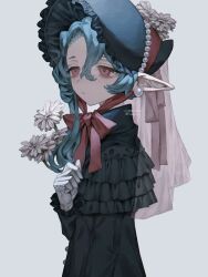 1girl 5masi_o absurdres black_dress blue_hair bonnet commission dress expressionless flower gloves gothic_lolita highres lolita_fashion looking_to_the_side original pointy_ears red_eyes skeb_commission solo upper_body white_gloves