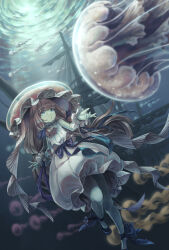 Rule 34 | 1girl, absurdres, bare shoulders, brown hair, bubble skirt, highres, jellyfish, long hair, mayagi (mayagi61), original, personification, ribbon, shipwreck, shirt, skirt, sleeveless, sleeveless shirt, solo, underwater, wrist cuffs