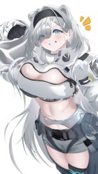 1girl :d absurdres animal_ears arknights arm_up aurora_(arknights) black_gloves black_hairband blue_eyes blush breasts cleavage commentary cowboy_shot crop_top cropped_jacket eyes_visible_through_hair gloves grey_hair grin hair_behind_ear hair_intakes hair_ornament hair_over_one_eye hairband hairclip highres infection_monitor_(arknights) jacket ku_(ku75175918) large_breasts long_hair long_sleeves looking_at_viewer midriff navel notice_lines open_mouth simple_background smile solo standing unzipped very_long_hair white_background white_jacket zipper zipper_pull_tab