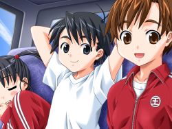 Rule 34 | 1boy, 2girls, black eyes, black hair, blush, brown eyes, brown hair, bus, bus interior, chair, cloud, game cg, looking at viewer, mame, motor vehicle, multiple girls, open mouth, short hair, sky, sleeping, smile, track suit, twintails, vehicle, window, yagai gakushuu