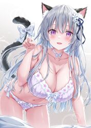 1girl animal_ear_fluff animal_ears artist_name bare_shoulders bed bed_sheet bent_over blush bow bow_bra bow_panties bra breasts cat_ears cat_girl cat_tail choker cleavage collarbone colored_inner_hair commentary fang flower gluteal_fold grey_background grey_hair hair_between_eyes hair_flower hair_ornament hand_up highres kyariko large_breasts lens_flare light_particles long_hair looking_at_viewer multicolored_hair navel open_mouth original panties paw_pose purple_bra purple_eyes purple_panties slit_pupils smile solo sparkle stomach tail tail_bow tail_ornament thighs underwear very_long_hair white_bow white_choker