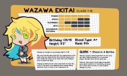 Rule 34 | + +, 1girl, blonde hair, blue streaks, boku no hero academia, brown shoes, chibi, commentary, english commentary, english text, green eyes, green skirt, grey jacket, jacket, long hair, multicolored hair, necktie, original, own hands clasped, own hands together, red necktie, redringo188, school uniform, shirt, shoes, skirt, solo, stats, streaked hair, thighhighs, u.a. school uniform, white shirt, white thighhighs