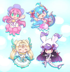 4girls ahoge ajitarou_(setsu) blonde_hair blue_hair bodysuit chibi closed_eyes detached_sleeves dress emil_chronicle_online fins frilled_sleeves frills green_dress green_eyes hair_ribbon hat highres horns large_hat leviathan_(eco) long_hair lorelei_lore mermaid monster_girl multiple_girls navel one_eye_closed open_mouth pink_hair pink_skirt pointy_ears purple_eyes red_eyes red_ribbon ribbon scylla seahorse_alma shugoma_fumitsuki skirt smile twintails white_dress white_hat