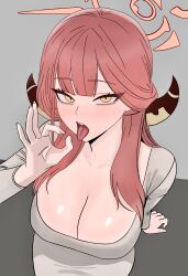 1girl aru_(blue_archive) blue_archive breasts cleavage demon_horns dress fellatio_gesture fingernails from_above grey_dress halo highres horns large_breasts long_fingernails long_sleeves looking_at_viewer open_mouth oral_invitation pink_hair pink_halo solo tongue tongue_out yellow_eyes yoo_mu1004