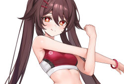 1girl :q blush bracelet breasts brown_hair closed_mouth commentary crop_top flower-shaped_pupils foka_(beginner) genshin_impact hair_between_eyes hu_tao_(genshin_impact) jewelry long_hair looking_at_viewer pearl_bracelet red_eyes small_breasts solo sweat symbol-shaped_pupils tongue tongue_out twintails very_long_hair white_background