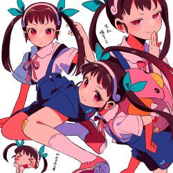 &gt;:) &gt;_&lt; 1girl aqua_ribbon backpack bag bandaid bandaid_on_knee bandaid_on_leg blue_skirt brown_hair collared_shirt fang hachikuji_mayoi hair_ribbon hairband highres long_hair monogatari_(series) multiple_views neck_ribbon pink_bag pink_ribbon pink_shoes red_eyes ribbon sanamaru_(sana79261827) shirt shoes short_bangs short_sleeves simple_background skin_fang skirt socks suspender_skirt suspenders tongue tongue_out twintails v-shaped_eyebrows white_background white_hairband white_shirt white_socks
