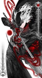1girl absurdres black_dress black_eyes black_hair bloodborne closed_mouth cowboy_shot dress duoj_ji highres holding holding_sword holding_weapon hunter_(bloodborne) medium_hair multicolored_hair one_eye_covered solo sword two-tone_hair weapon white_hair