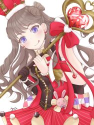 1girl :q arched_crown bare_shoulders black_gloves blush bow-shaped_hair breasts brown_hair buchiko_(shakishaki25726) closed_mouth commentary cowboy_shot crown dress elbow_gloves fujishima_megumi gloves heart-shaped_gem highres holding holding_staff large_breasts link!_like!_love_live! long_hair looking_at_viewer love_live! official_alternate_costume purple_eyes red_crown red_dress simple_background single_elbow_glove single_glove sleeveless sleeveless_dress smile solo split_mouth staff stuffed_animal stuffed_rabbit stuffed_toy tongue tongue_out v-shaped_eyebrows virtual_youtuber white_background zenhoi_kyun